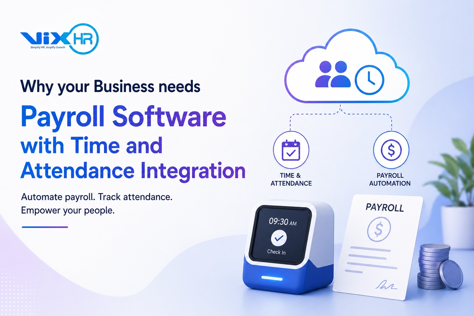 VixHR graphic explaining why businesses need payroll software integrated with time, attendance, and cloud-based automation.