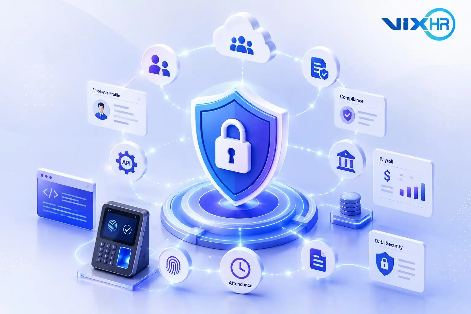 HR data security and compliance features protecting employee records with encryption and access control