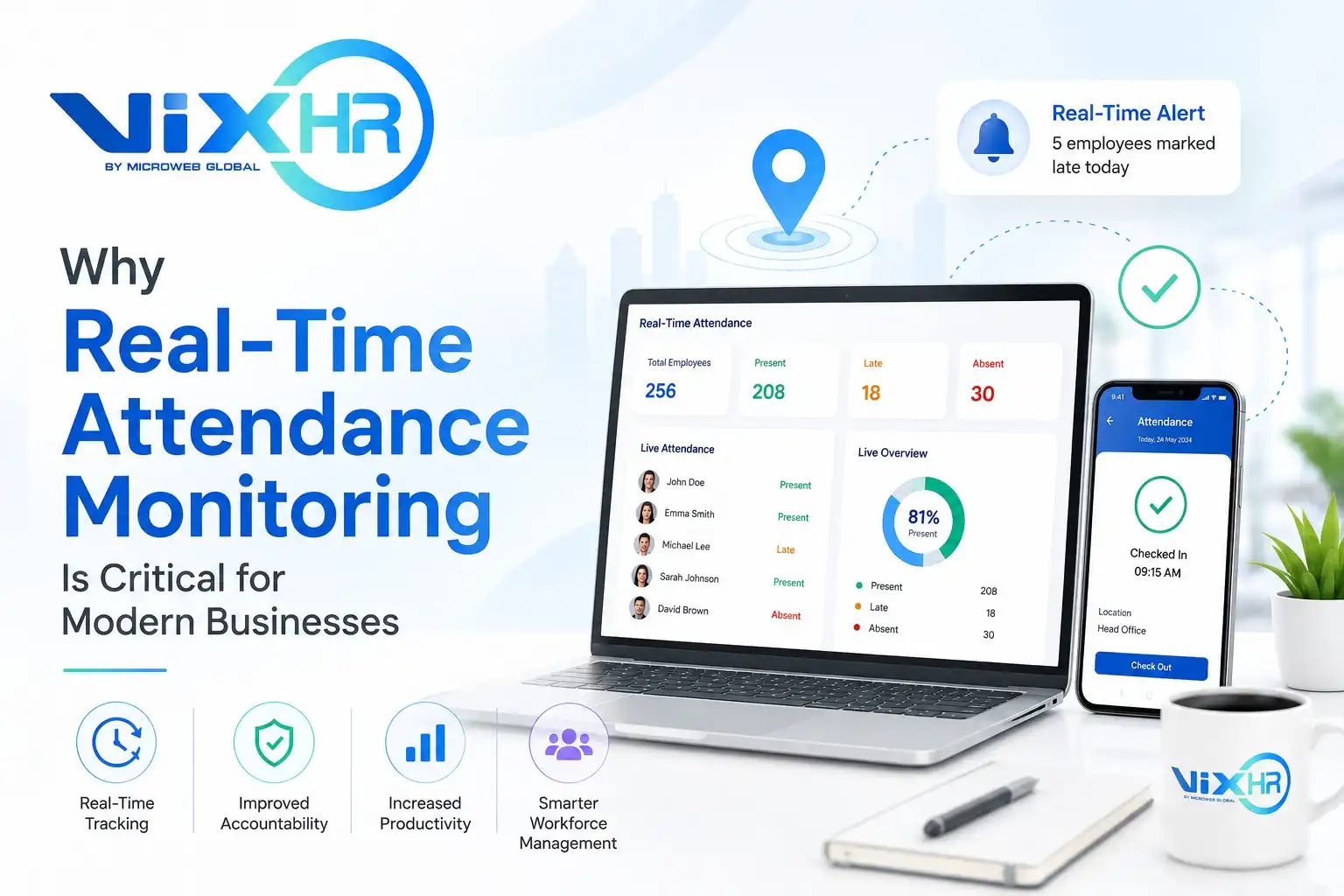 VixHR real-time attendance monitoring dashboard showing live employee tracking, alerts, and analytics for modern businessesAI