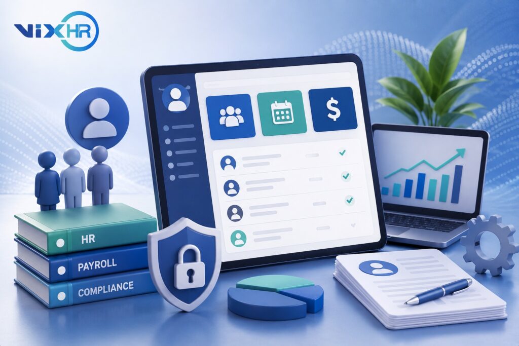 VixHR dashboard interface showing HR, payroll, and compliance features on a tablet screen