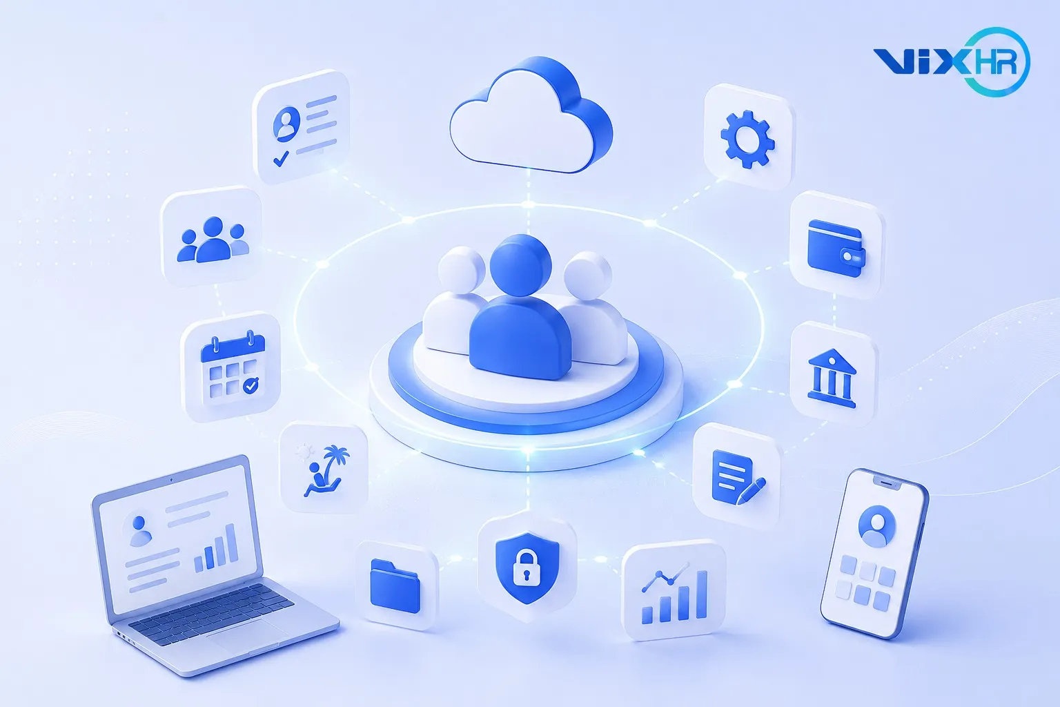 HRIS platform connecting HR functions like payroll, attendance, onboarding, and security in one cloud system