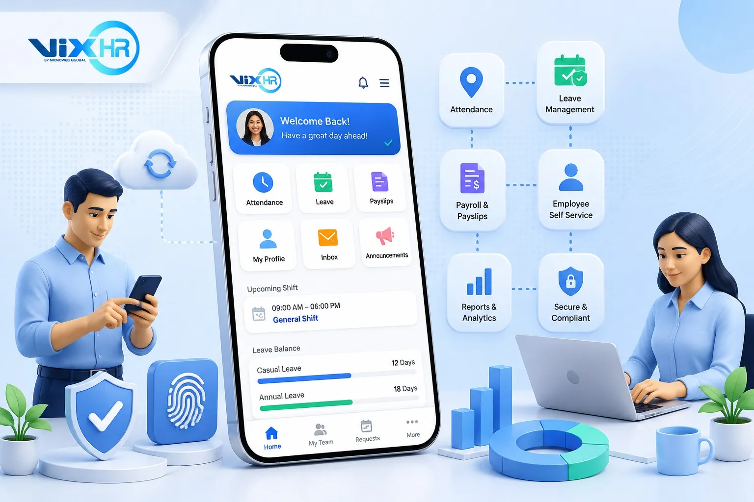 Mobile HR app for employees with attendance, leave, payroll and self-service features