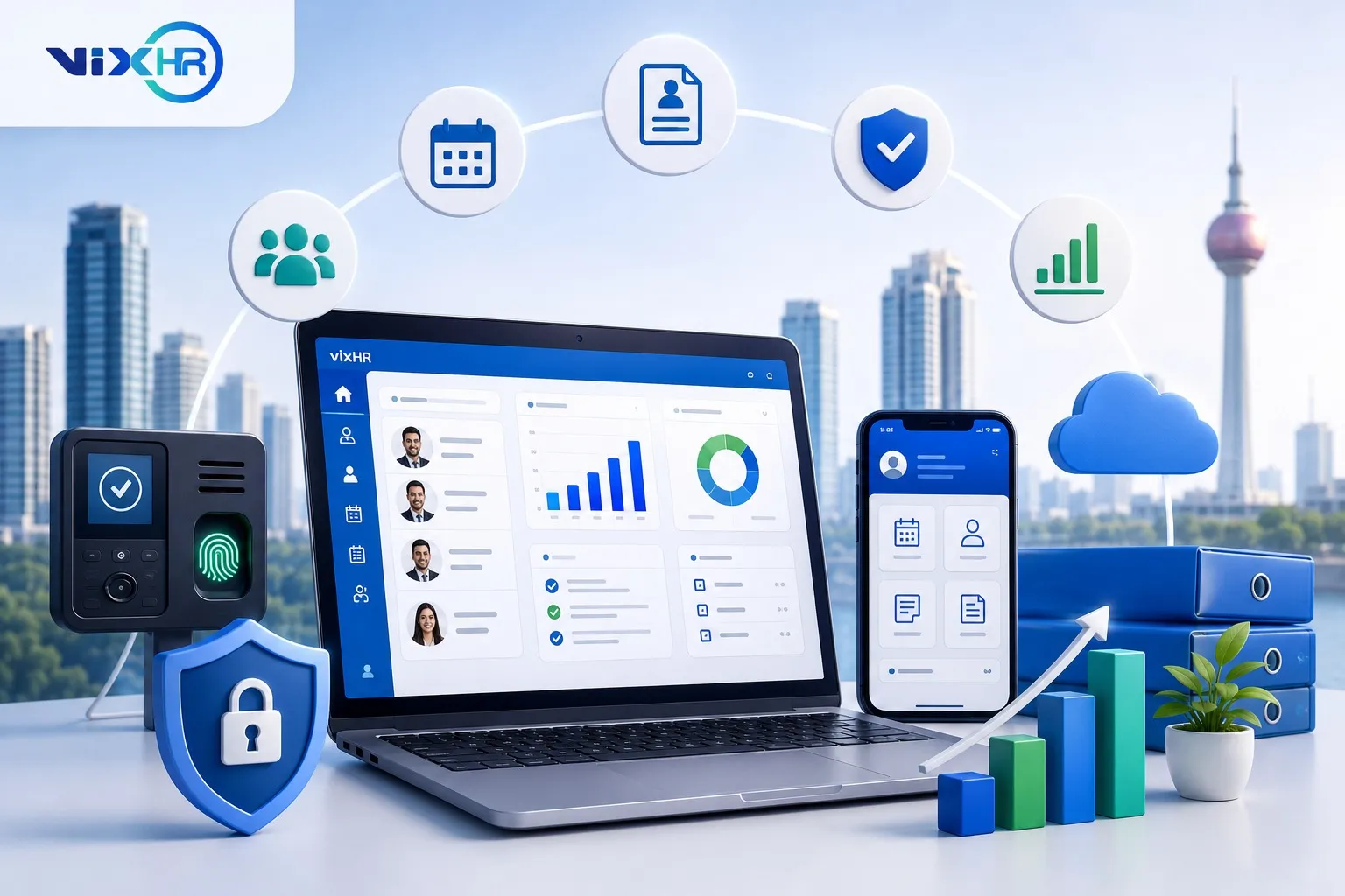 VixHR HR software dashboard shown on laptop and mobile with attendance and analytics features